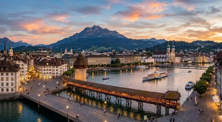 Sunset over Lucerne with the historic Chapel Bridge and Water Tower crossing the Reuss River, mountains in the distance.