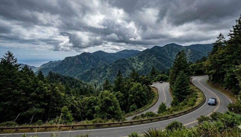 Winding mountain road through dense evergreen forest under a cloudy sky, with a car on the curve.