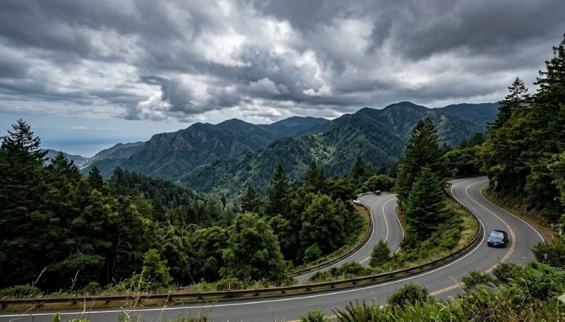 Winding mountain road through dense evergreen forest under a cloudy sky, with a car on the curve.
