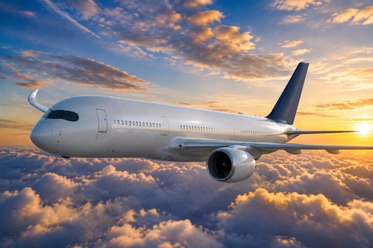 Commercial airliner flying above orange clouds at sunset, engine visible under wing.