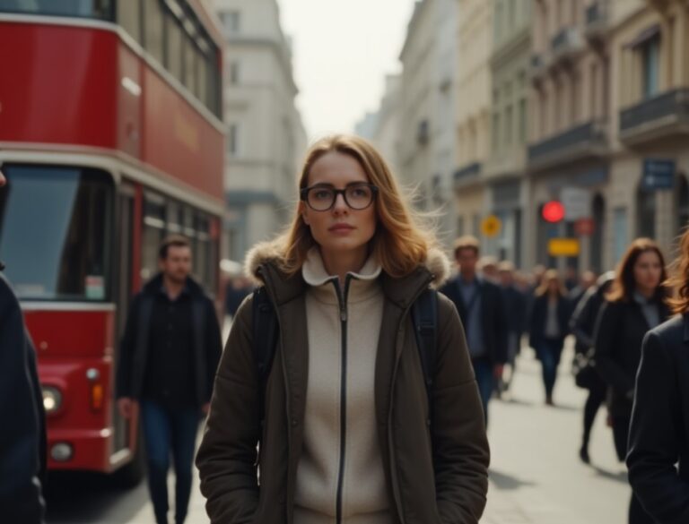 Woman with glasses and a beige zip-up sweater under a brown coat stands in the middle of a crowded city street, a red bus to the left behind her.