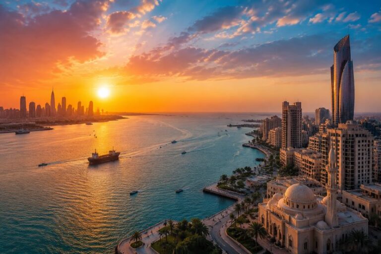 Sunset over Dubai harbor with boats and a beige-domed mosque in the foreground, and a skyline of tall buildings along the coast.