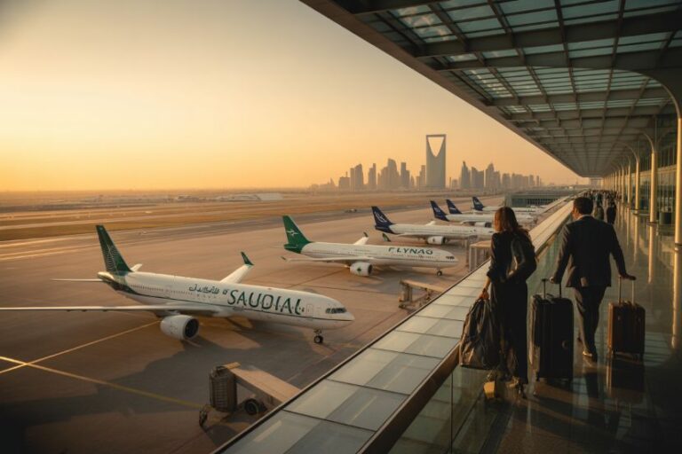 Passengers with rolling suitcases stand at a glass-walled terminal watching multiple planes on the tarmac at sunset, including Saudia aircrafts.