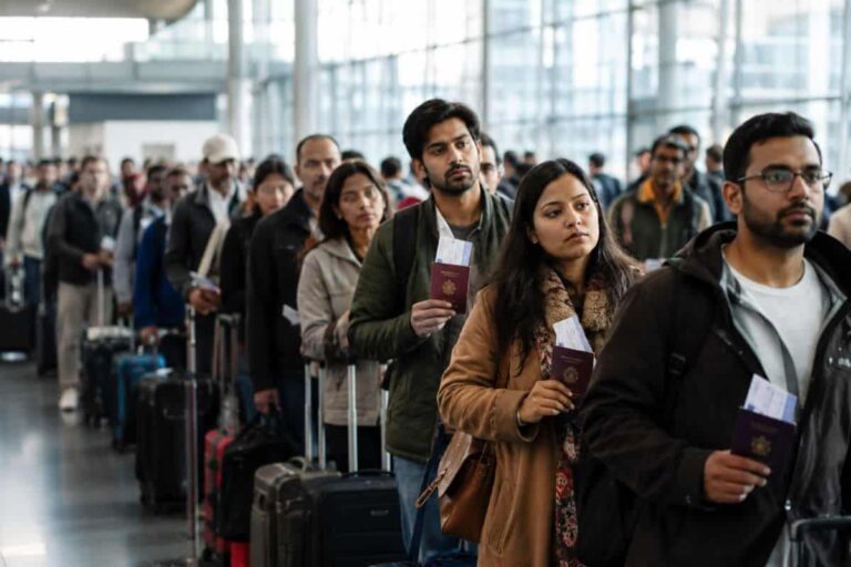 Crowded airport security/check-in line with travelers holding passports and rolling suitcases.