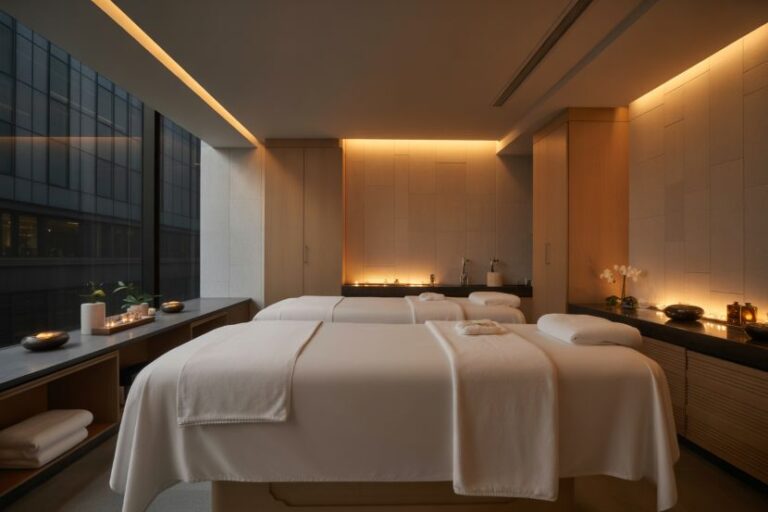 Luxurious spa room with two massage tables, soft lighting, and warm wood accents.