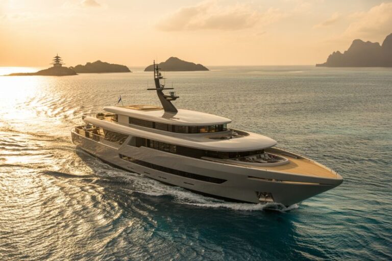 Luxury white motor yacht cruising through calm turquoise water at sunset, with small islands in the distance and warm golden light reflecting on the surface