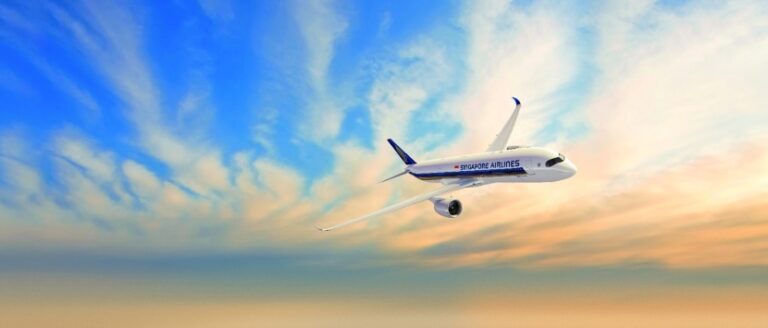 Singapore Airlines jet flying in a blue-orange sunset sky over a calm horizon.