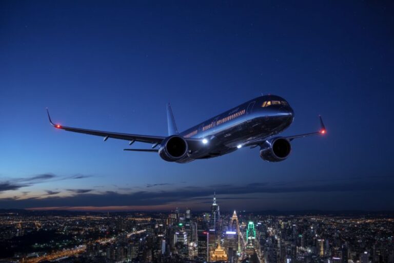 Airliner cruising above a city skyline lit by night-time lights.