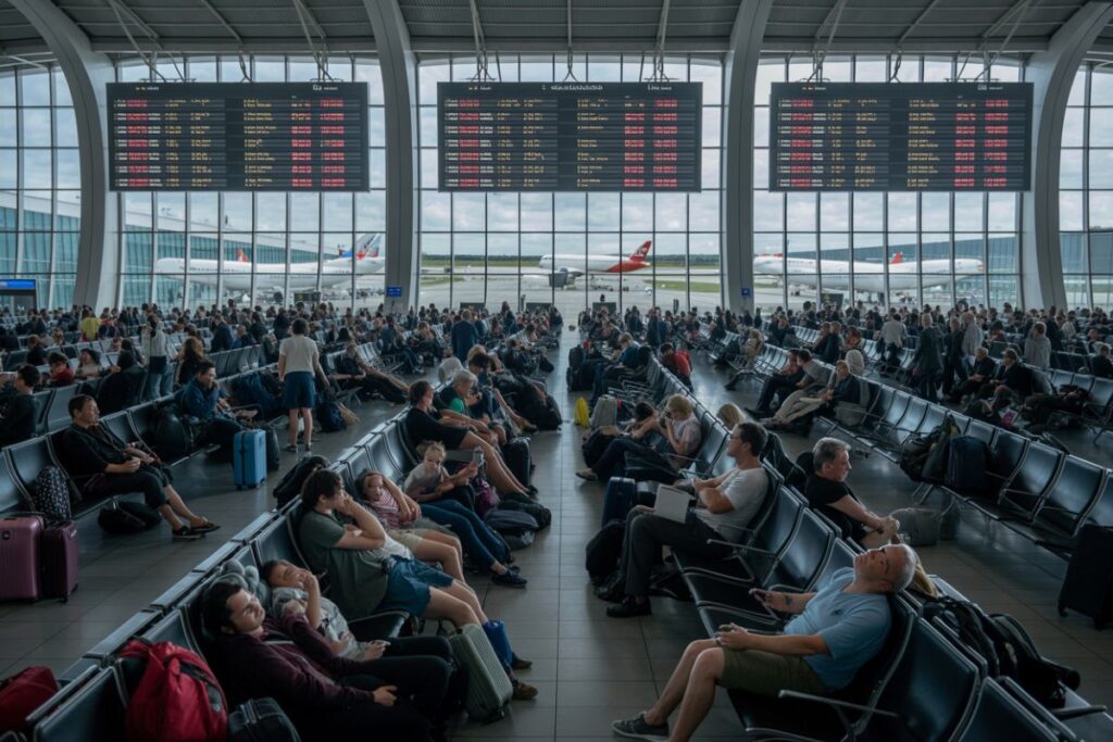 Crowded airport terminal with travelers seated, luggage nearby, and departure boards overhead.