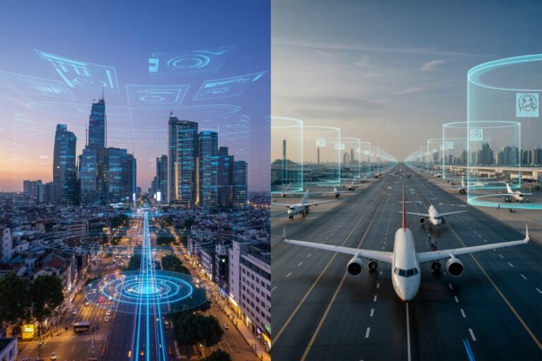 Smart city and airport tech concept: skyline with holographic networks and glowing circular data visuals over streets and buildings on the left, planes and a runway on the right with digital markers.
