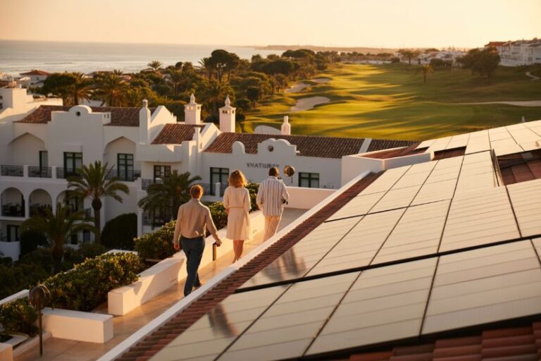 Three people walk along a sunlit tile path on a Mediterranean-style resort rooftop toward a golf course and the sea at sunset.