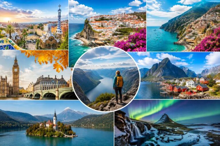 Collage of world travel destinations: coastal towns, mountains, and landmarks with a hiker in a central circular frame surrounded by colorful scenes.