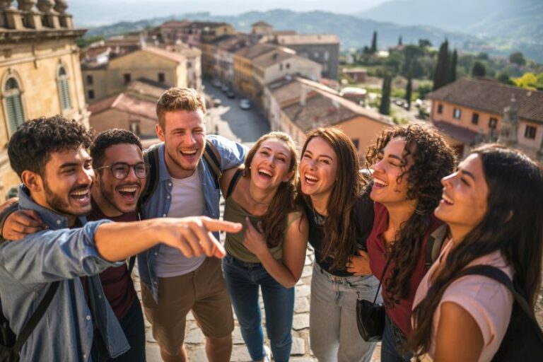 Seven friends stand in a circle, smiling and posing for a selfie on a sunny overlook above a European town.