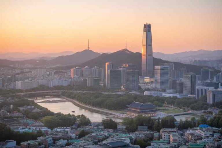 Sunset over Seoul skyline with the Lotte World Tower, Han River, and distant mountains.