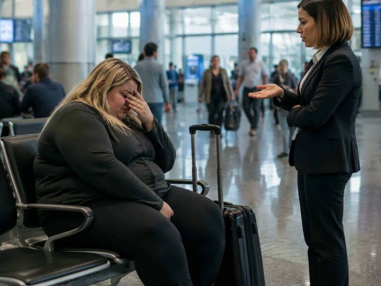 Distressed woman seated in an airport terminal, covering her face, while a staff member speaks to her and a suitcase sits nearby.