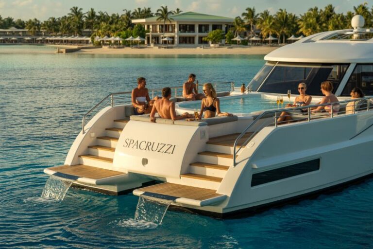 People relaxing on the back deck of a white luxury yacht named SPACRUZZI, with water cascades from the stern, in a tropical marina setting with palm trees and beachside buildings in the background.