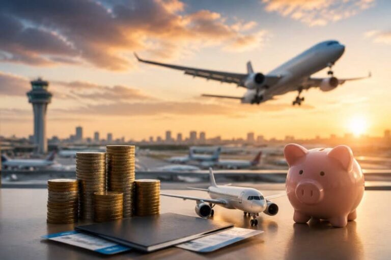 Stacks of coins, a piggy bank, and a toy airplane with boarding passes on a table at sunset, suggesting travel savings at the airport.