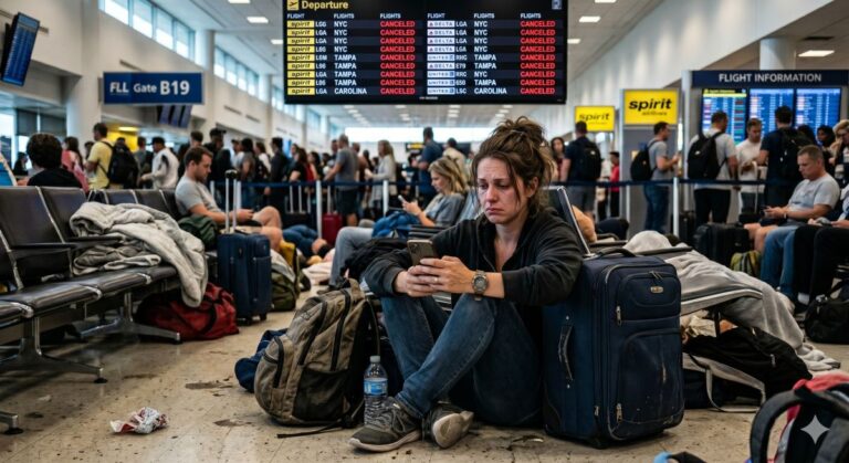 Woman sits on airport floor, eyes on her phone, surrounded by bags and luggage as a large flight info board looms above.