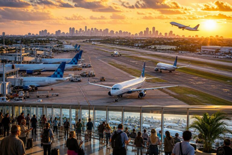 Busy airport at sunset with several planes at gates and travelers in a viewing area overlooking the runway.