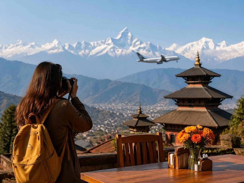 A woman with a yellow backpack photographs a plane flying over snow‑capped Himalayan mountains, with traditional pagoda-style rooftops in the foreground.