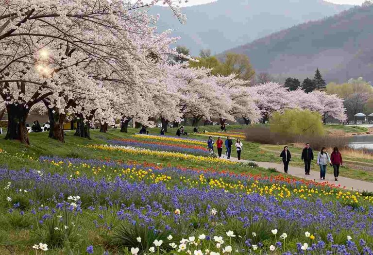 Park scene in spring with cherry blossom trees, colorful flower beds, and people walking along a path in a sunlit park.
