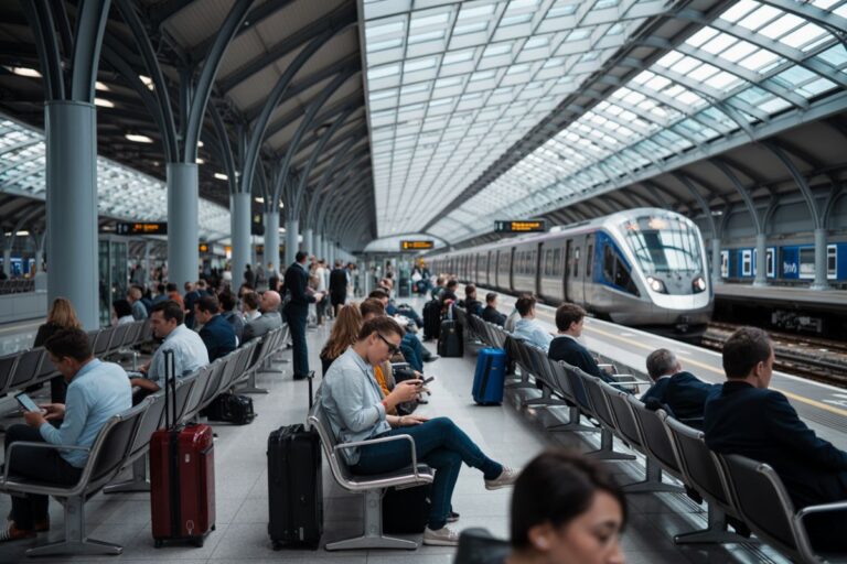Crowded train station platform with passengers seated and a sleek silver train arriving.