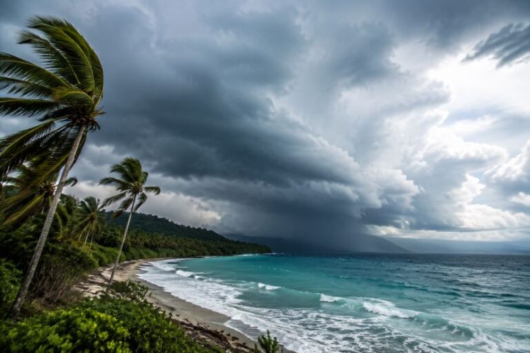 Tropical beach with palm trees on the left, turquoise sea, and dark storm clouds approaching in the sky.