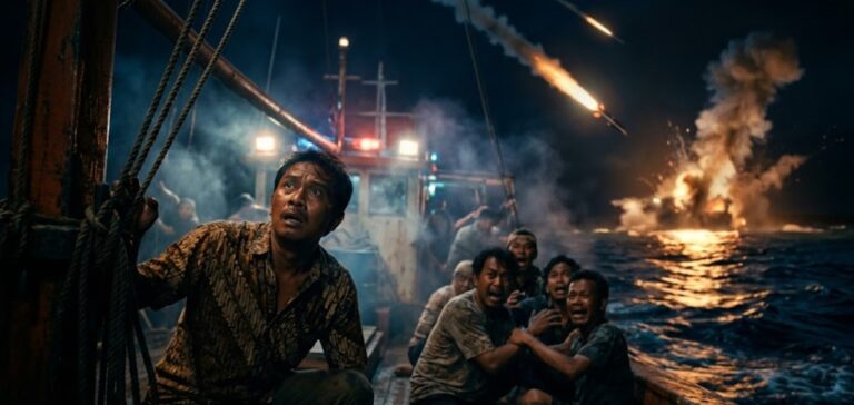Man grips ropes on a boat at night as terrified crew huddle and scream while a fiery explosion lights the sea behind them.