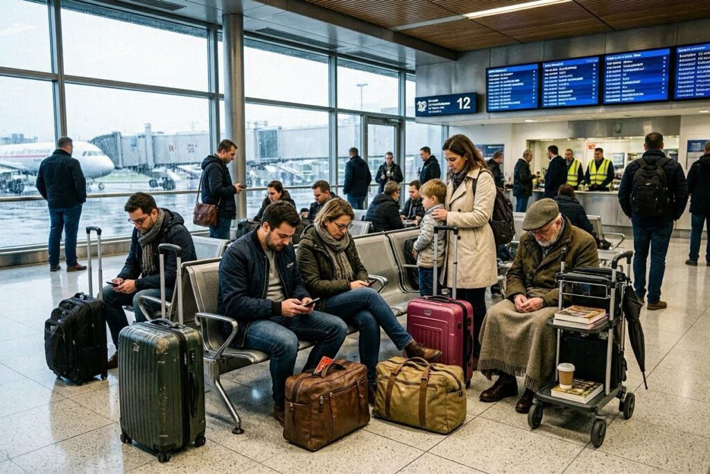 Busy airport seating area with travelers and luggage, including a woman with child and an elderly man at a wheeled cart near gate screens.