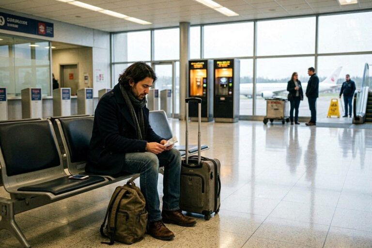 Man in a dark coat and scarf sits in a hotel-like airport terminal, looking at a boarding pass with rolling suitcase and backpack nearby.