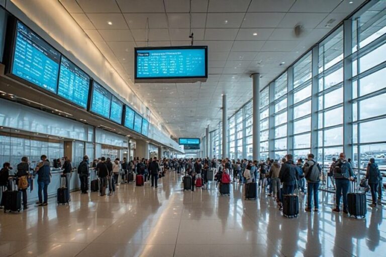 Busy airport terminal with travelers lined up at check-in counters under blue departure boards.