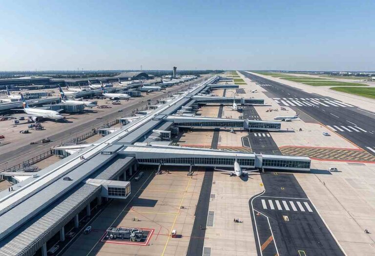 Aerial view of a large airport with multiple jet bridges, rows of planes at gates, and long runways under a clear blue sky.