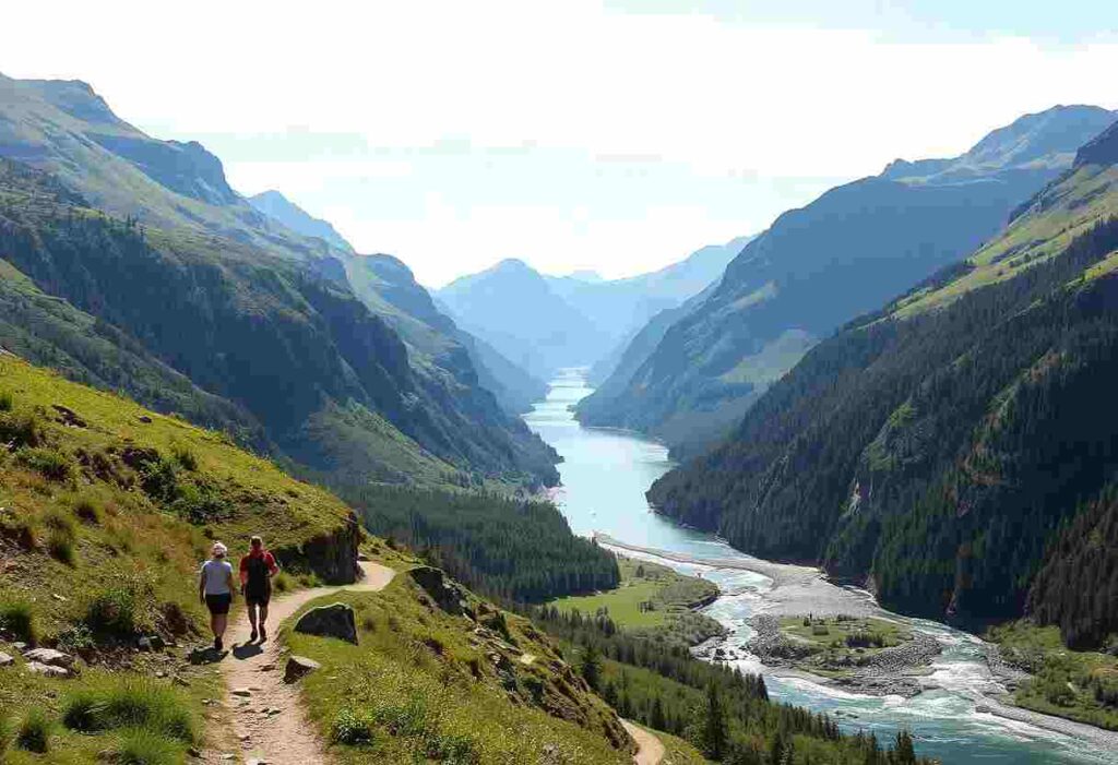 Two hikers walk along a dirt path through a green valley with a winding river between tall mountains.