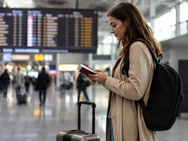 Woman at an airport checks a passport/boarding pass while standing with a rolling suitcase and a black backpack.