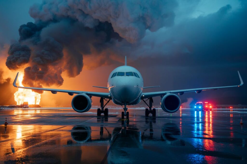 Front view of a commercial airliner on a wet runway, with a large fire and smoke plume to the left and emergency vehicles with flashing lights in the background.