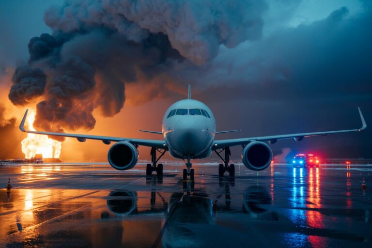 Front view of a commercial airliner on a wet runway, with a large fire and smoke plume to the left and emergency vehicles with flashing lights in the background.