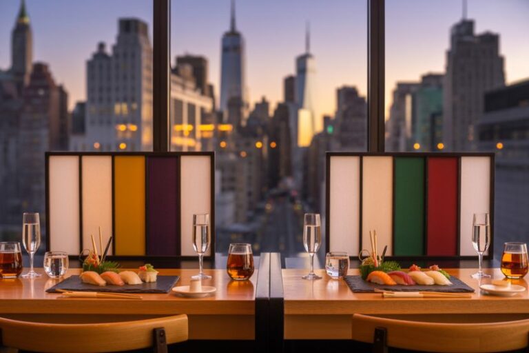 Two restaurant tables set for two with sushi plates, wine glasses, and a colorful color-block divider, overlooking a sunset city skyline.