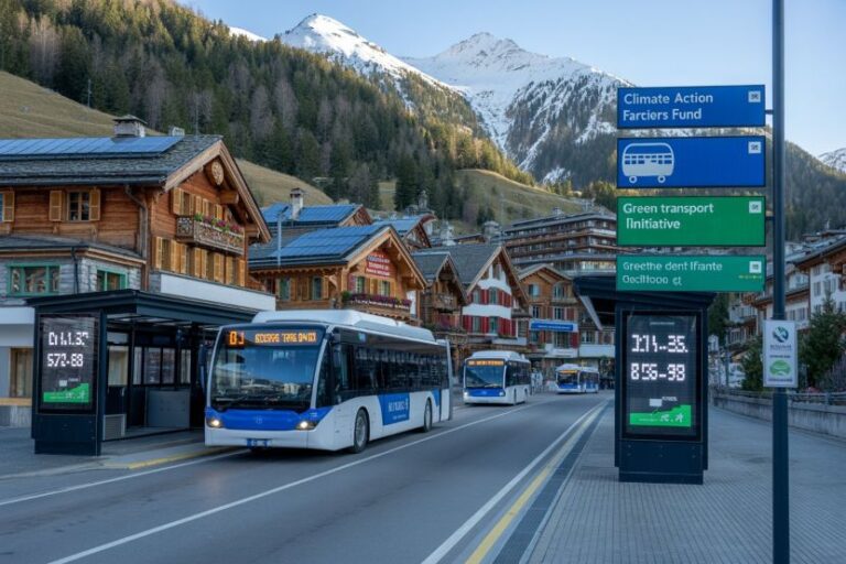 Alpine village street with wooden chalets and two blue buses at a bus stop against snow-capped mountains.
