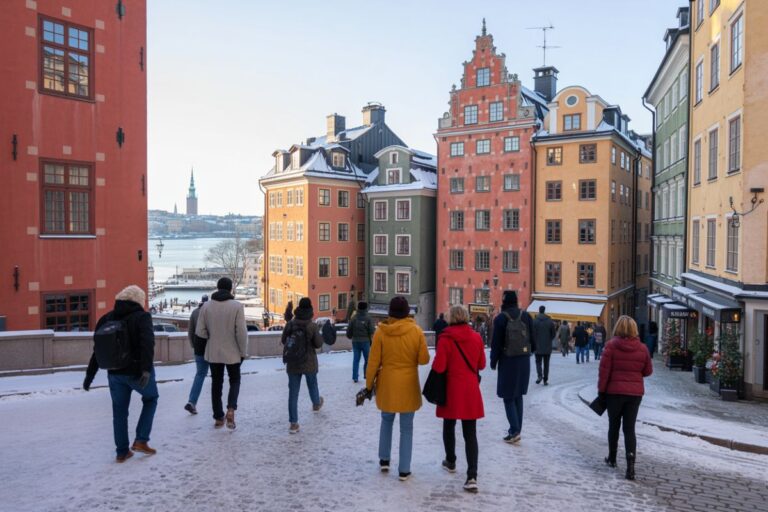 Snowy cobblestone street in a colorful European town with people walking toward the water.