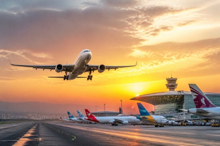 Airplane lifts off from runway at sunset with airport terminal and parked jets in the background, casting warm orange light on the scene.