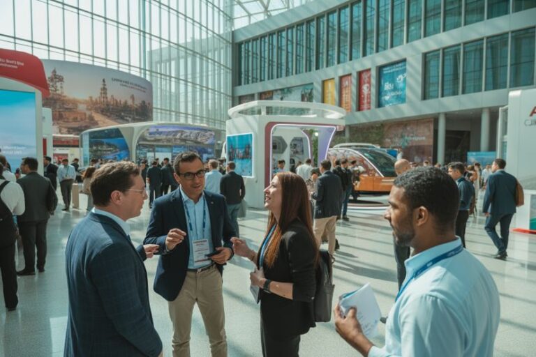 Group of business professionals networking and chatting at a modern trade show atrium with booths and displays in the background.