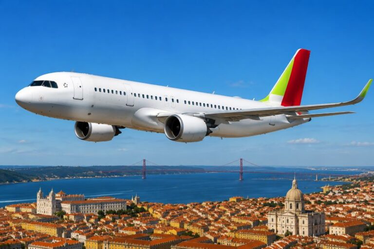 Commercial airliner flying low over a coastal city with red-tiled roofs and a bridge in the distance under a blue sky
