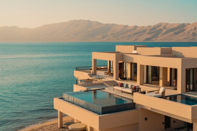 Modern beige villa with terraces and an infinity pool overlooking the turquoise sea and distant mountains.