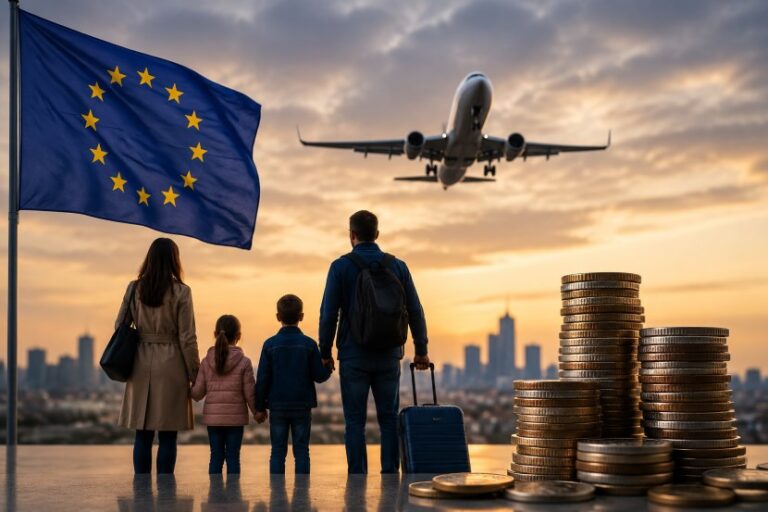 A family of four with backpacks and suitcases watches a plane take off at sunset, beside a waving EU flag and stacked coins in the foreground.