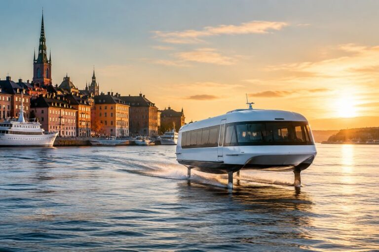 Futuristic white passenger boat gliding across a harbor at sunset with a European city skyline and church spires in the background.