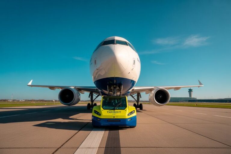 Front view of a large white passenger jet on the runway being guided by a yellow-and-blue tow tractor in front of it on a sunny day at the airport.