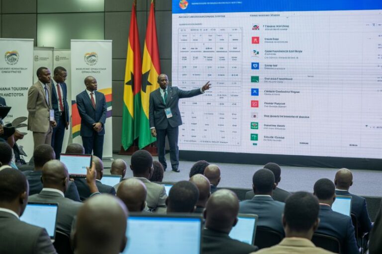 Man in a suit points to a large screen filled with charts on a stage, flags behind, as officials stand nearby and attendees with laptops watch. (Informative)