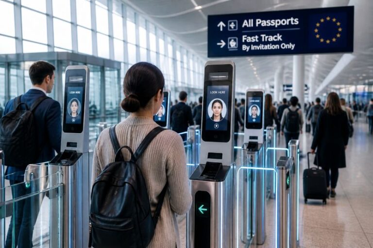 Airport passport control gates with facial recognition screens, travelers queueing at security checkpoint
