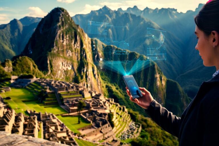 Person holding a smartphone projecting holographic data over Machu Picchu's terraces and surrounding mountains.