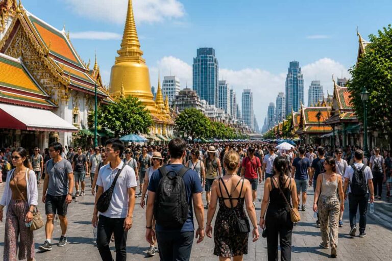 Crowded street beside a Thai temple district with a golden stupa and modern skyscrapers in the background.